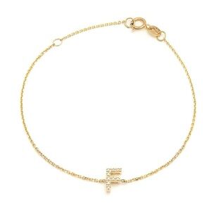 14K Real Yellow Gold  Initial ”F” Single Prong Diamond Bracelet 7+1″
